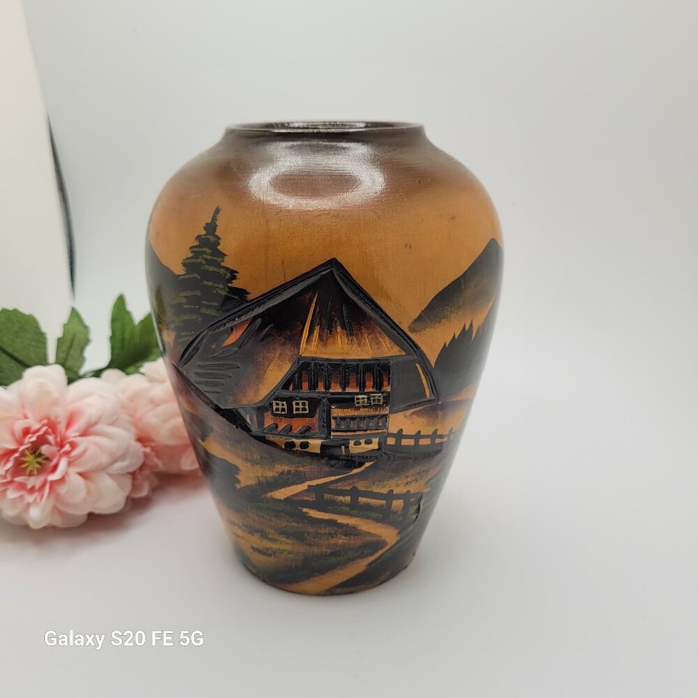 Vintage 1970s Handarbeit German Black Forest Hand Carved Painted Wood Vase 7 In